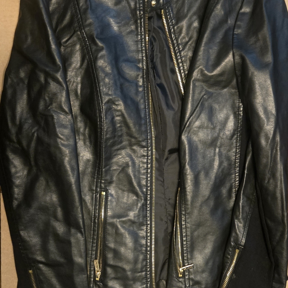 Calvin Klein Black Faux Leather Jacket with Gold Buttons And Zippers